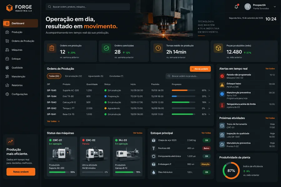 Tela real de sistema de gestão industrial desenvolvido pela Prospectia, ordens de produção e status de máquinas
